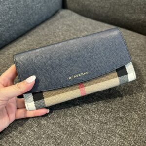 經典格紋牛皮掀蓋長夾 深藍