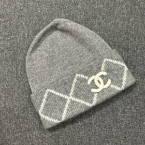 大菱格毛帽 灰+白LOGO