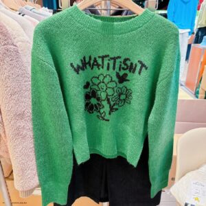 韓國文青品牌 舊版what it isNT(已改名wacky Willy) 開心小花針織衫 綠