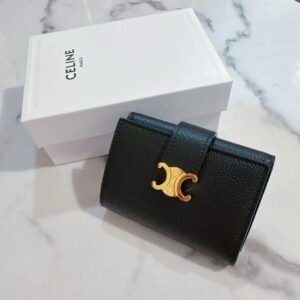 新款荔枝牛皮釦子凱旋門短夾 黑金