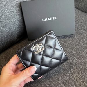 最新季節款對開零錢袋短夾 羊皮黑金