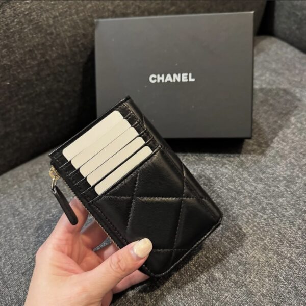 CHANEL 19  L拉鍊卡片零錢夾 羊皮黑金：圖片 2