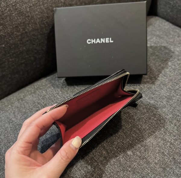 CHANEL 19  L拉鍊卡片零錢夾 羊皮黑金：圖片 3