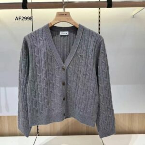 LACOSTE 鱷魚LOGO🐊 V領麻花針織開襟外套 灰