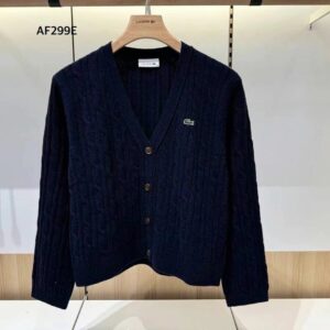 LACOSTE 鱷魚LOGO🐊 V領麻花針織開襟外套 深藍